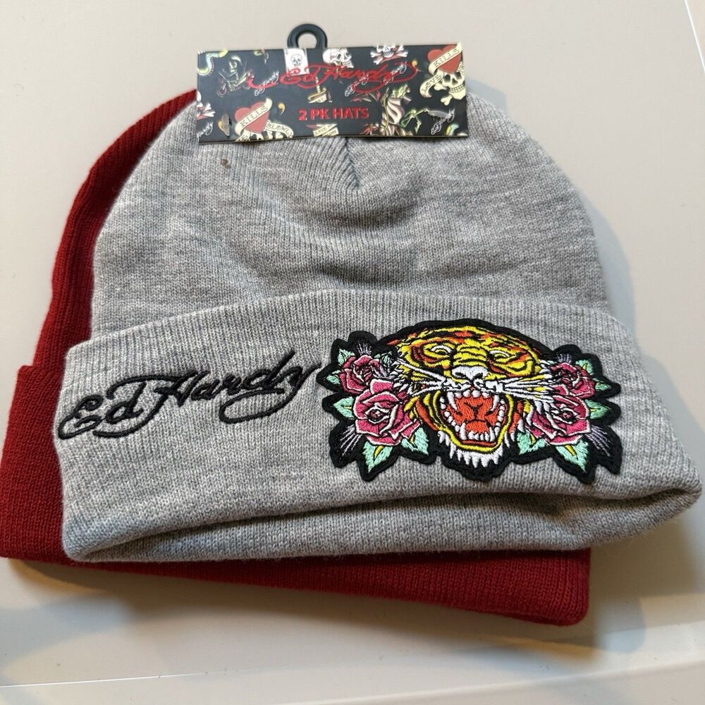 Ed Hardy Y2K 2PK Hats Beanies Screaming Tiger Rhinestone Embroidered Gray NWT